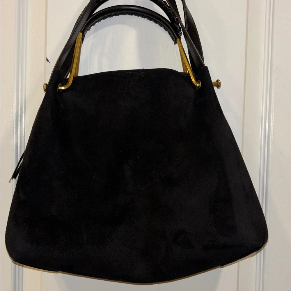 HOUSE OF HARLOW 1960 BLACK SUEDE BAG W/ SHOULDER STRAP GOLD/BRASS TONED HANDLE